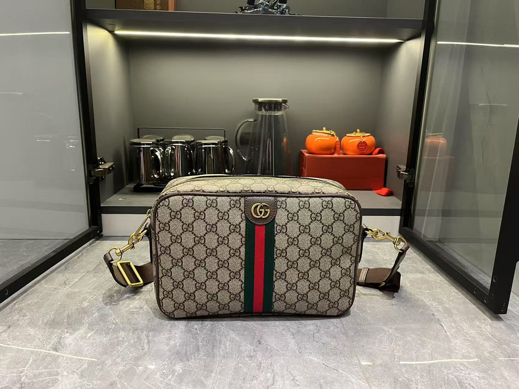 Gucci Ophidia Medium GG Supreme Canvas Shoulder Crossbody Bag with Web Stripe and Leather Trim (23.9 x 15 x 3.8) cm